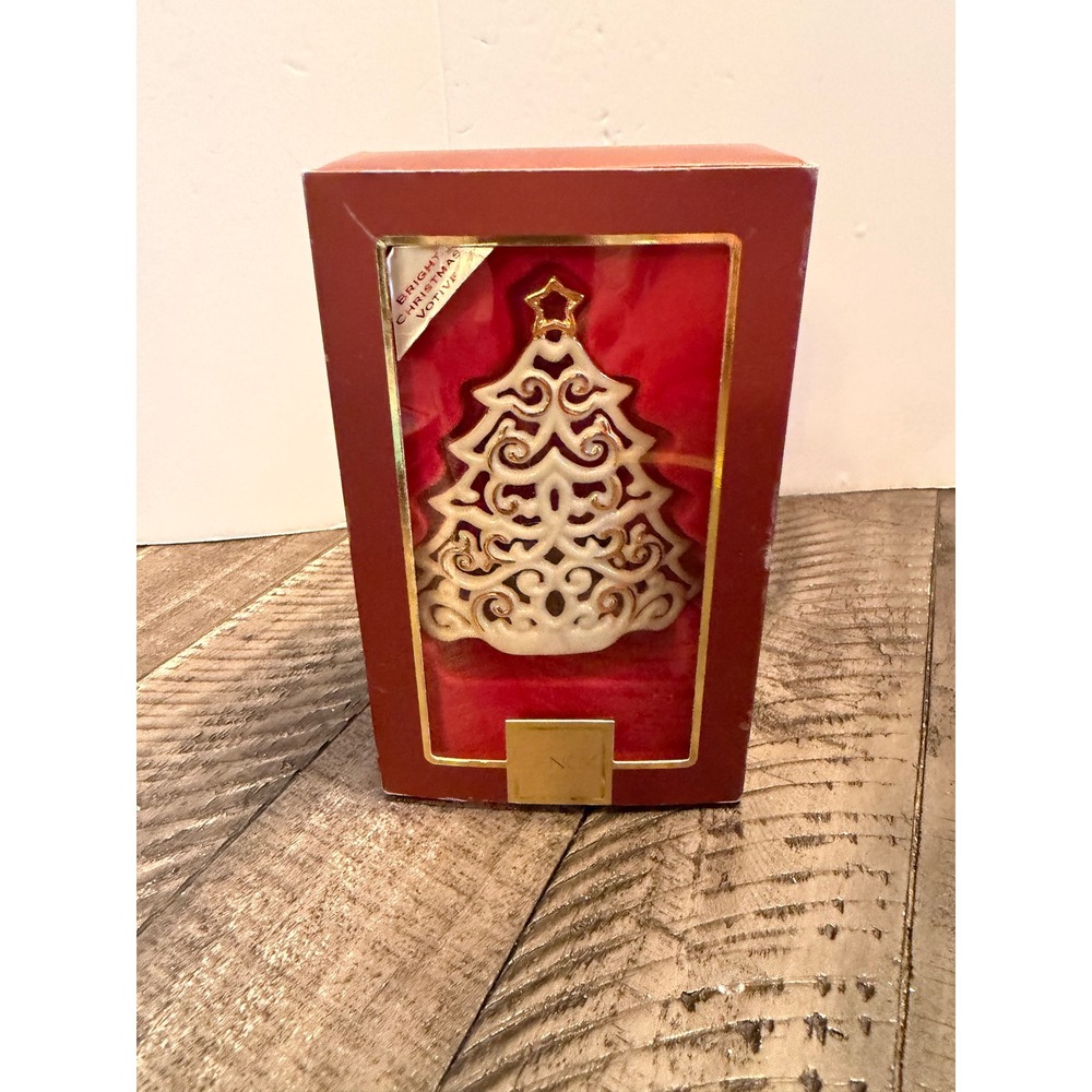 Lenox Bright Christmas Votive Ivory Gold Tree Pierced Tealight Holder Decor